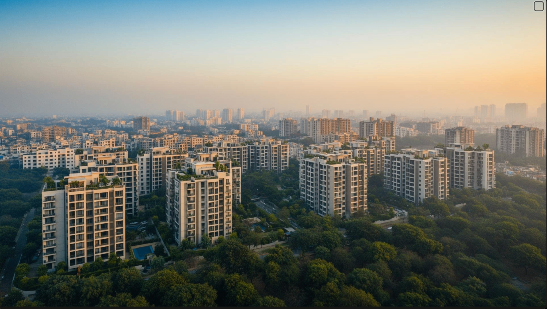 Aerial view of an Indian residential city at golden hour
